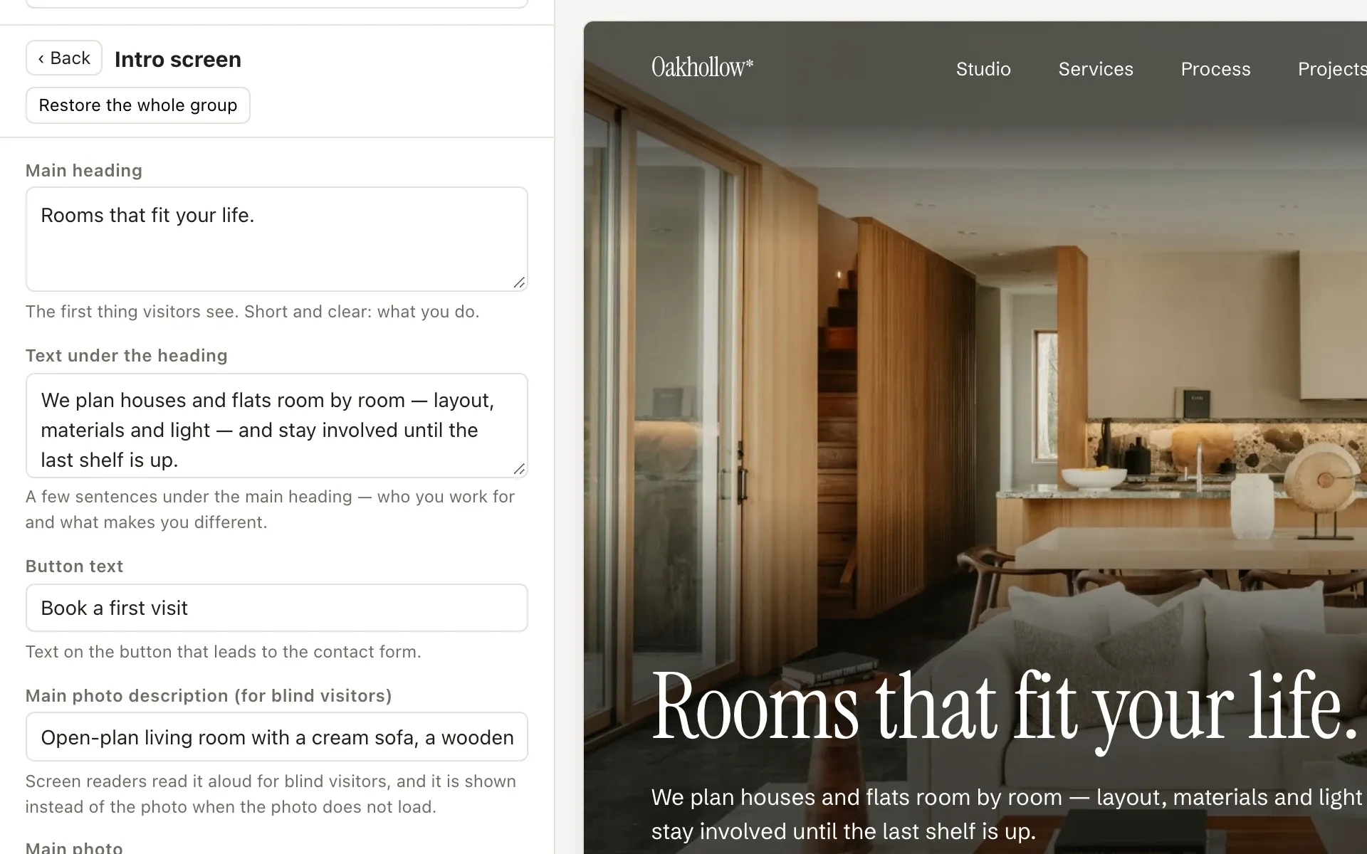 The configurator: the intro screen’s fields on the left — heading, text, button and photo — and the live preview of the website on the right