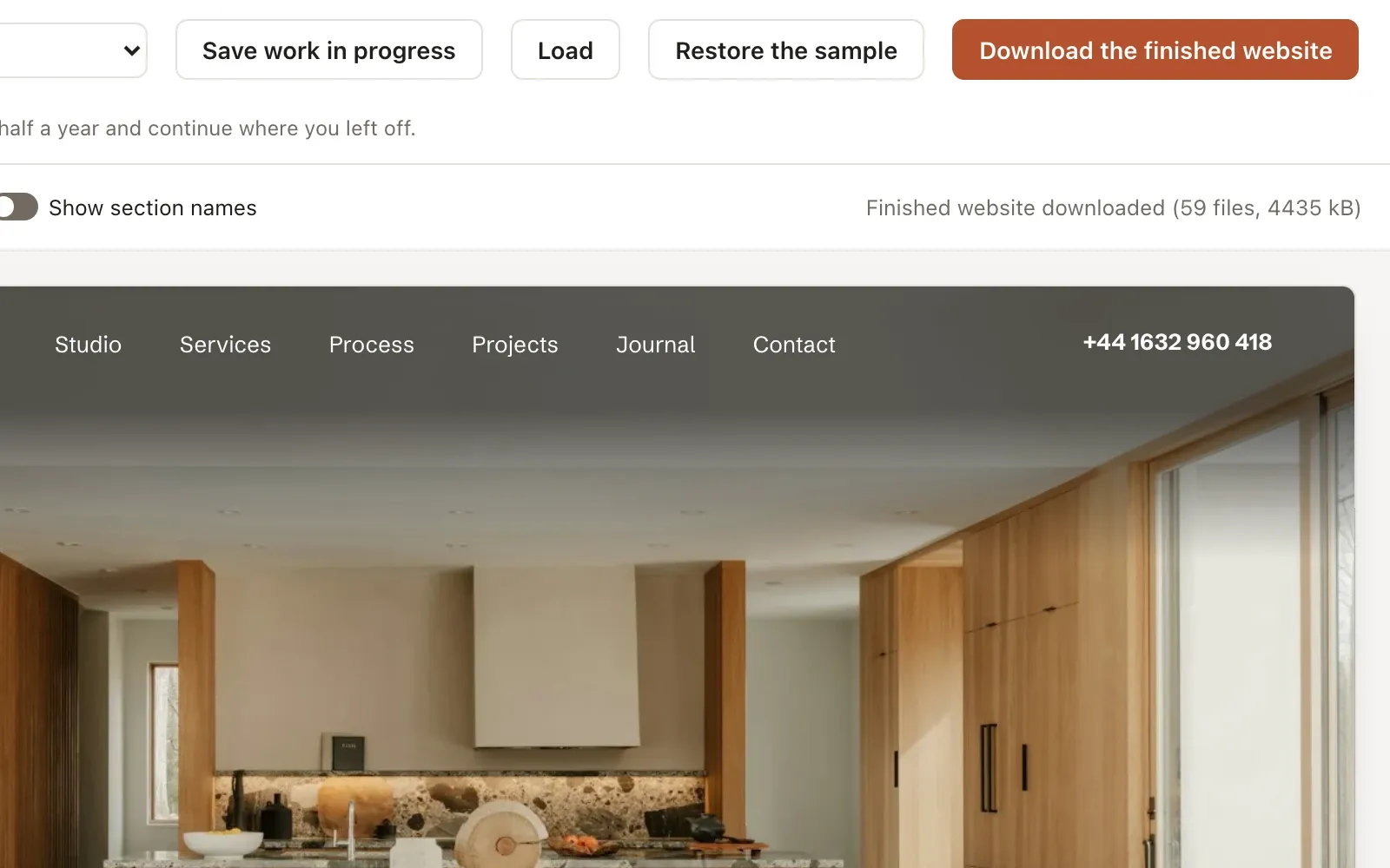The “Download the finished website” button and the message “Finished website downloaded (59 files, 4435 kB)”