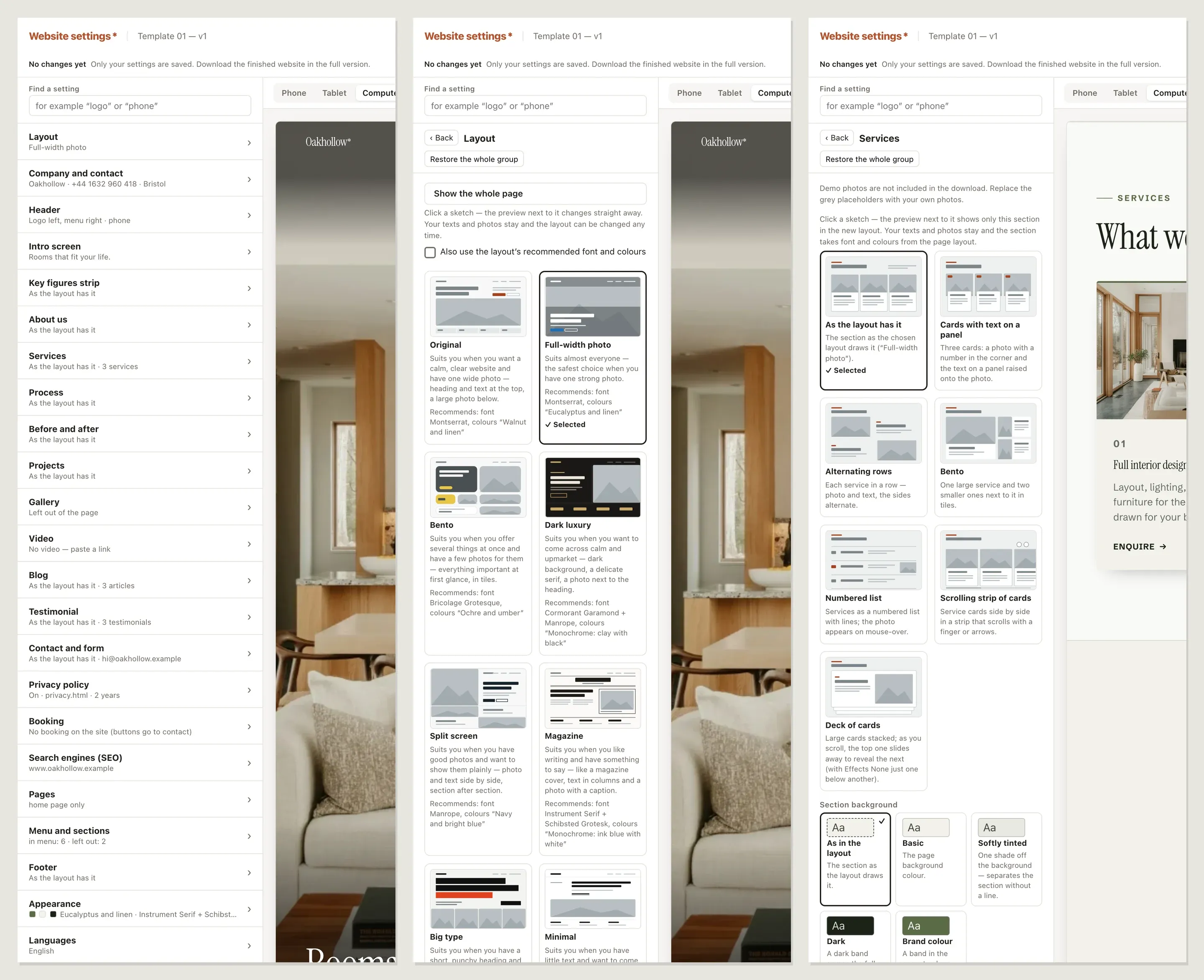 Three views of the Oakhollow configurator side by side: the start screen with the list of all settings, the layout panel with clickable sketches of whole-page layouts, and the Services panel with sketches of section variants — each next to the live preview