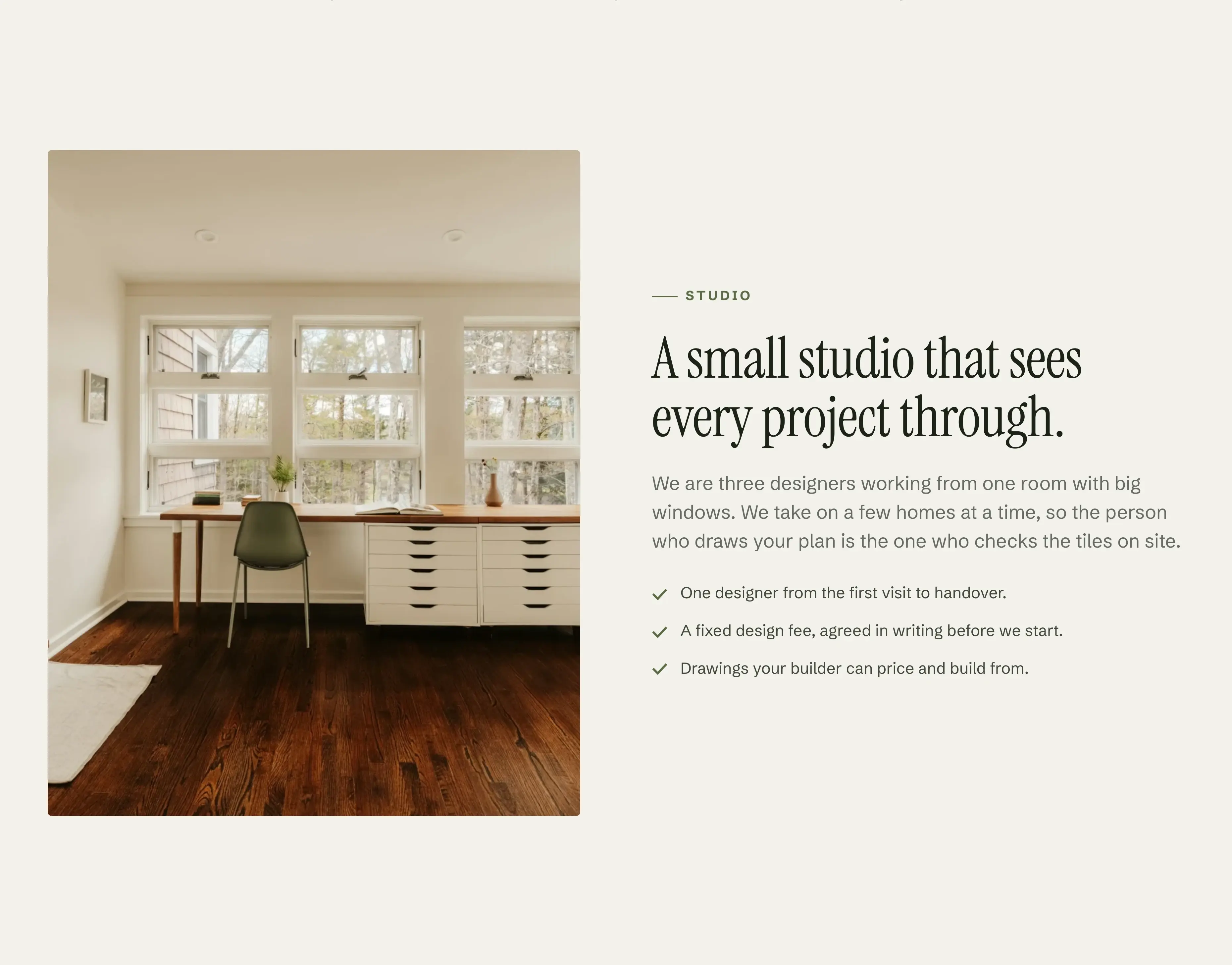 Oakhollow template, About section (“A small studio that sees every project through.”)