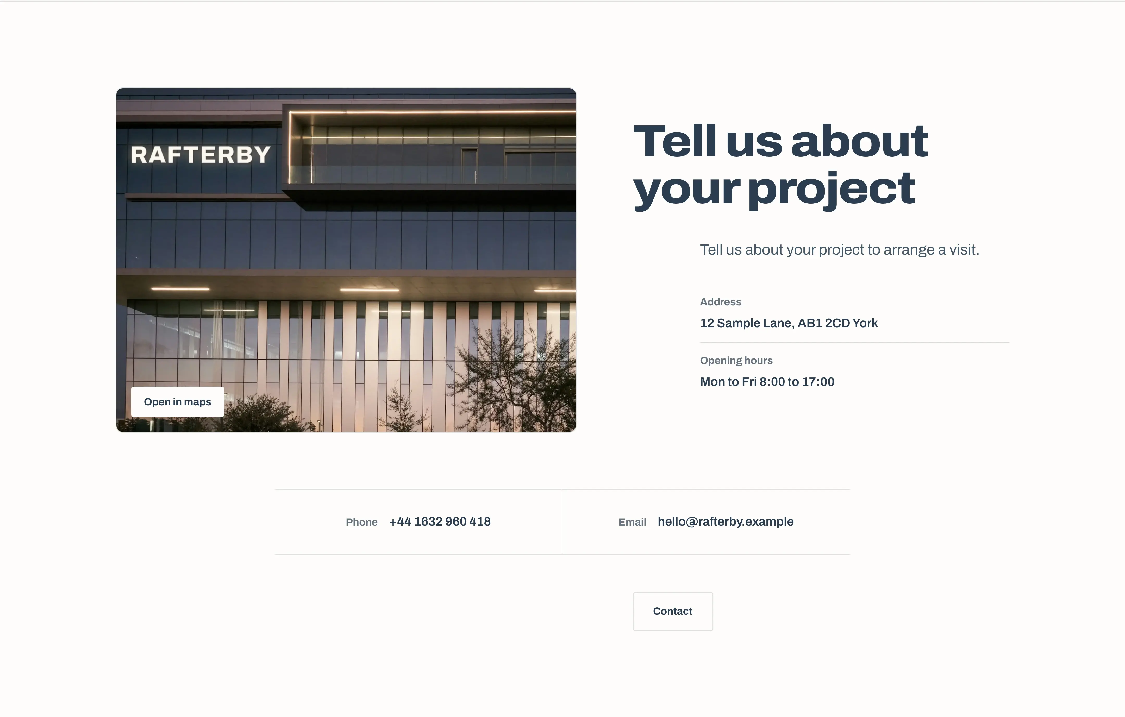 Rafterby template, Contact section (“Tell us about your project”)