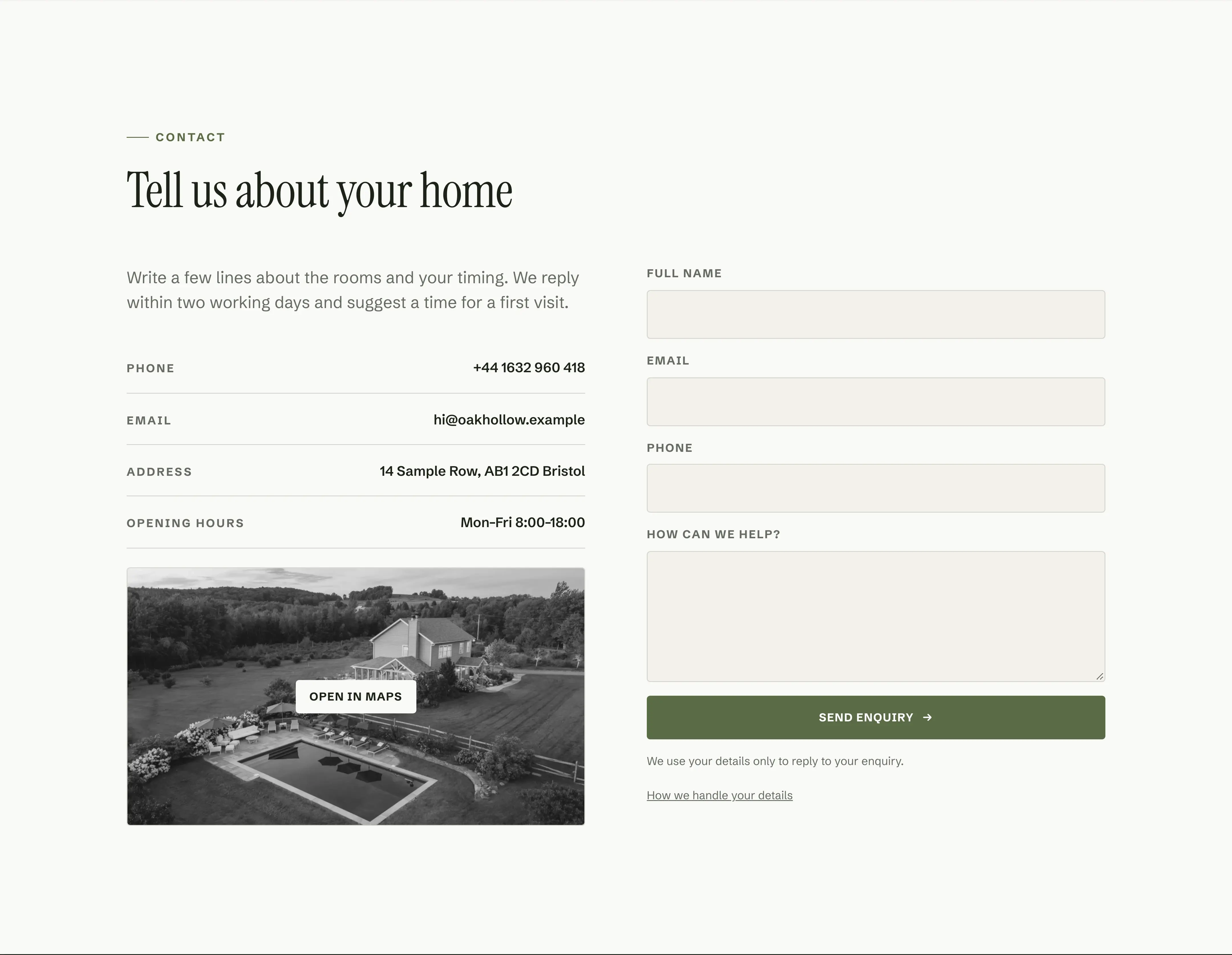 Oakhollow template, Contact section (“Tell us about your home”)