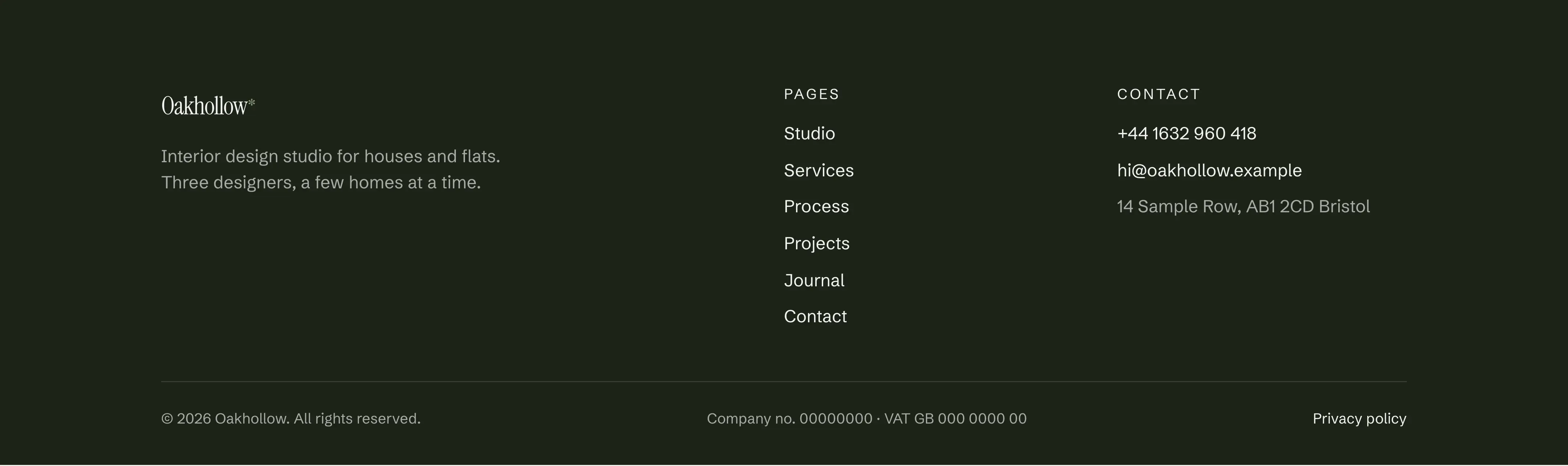 Oakhollow template, Footer section