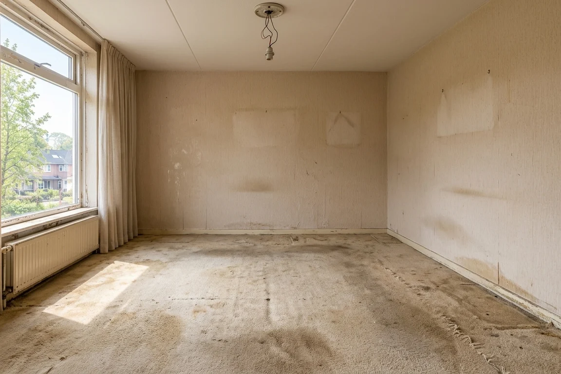 Empty room before the work, with a worn carpet, stained walls and a bare bulb hanging from the ceiling (generated sample photo)