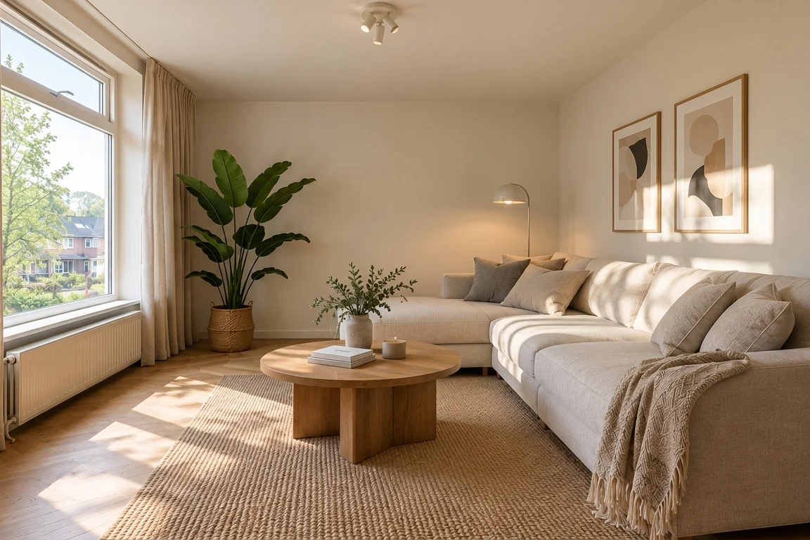 The same room after the work, with a wooden floor, a jute rug, a cream corner sofa and two framed prints (generated sample photo)