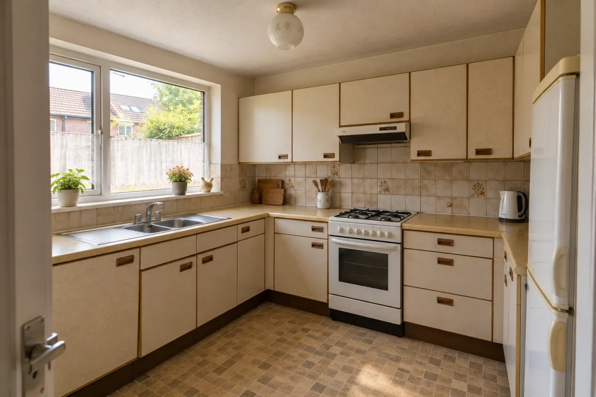 A dated kitchen before the work, with cream laminate units, a patterned tiled splashback and a chequered vinyl floor (generated sample photo)