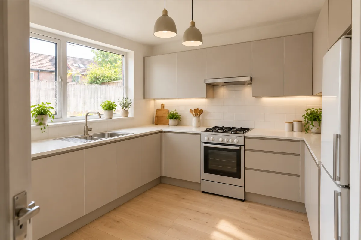 The same kitchen after the work, with handleless greige units, white tiles, under-cabinet lights, two pendant lamps and an oak-look floor (generated sample photo)